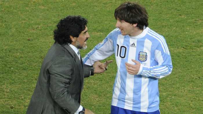 Argentina's Diego Maradona and Lionel Messi at the 2010 World Cup